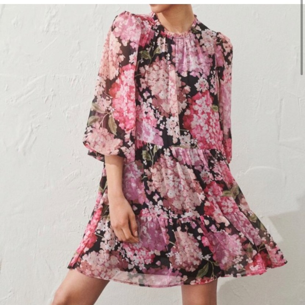 Pink Floral Tiered Mini Dress – Sheer Chiffon Overlay with Balloon Sleeves
